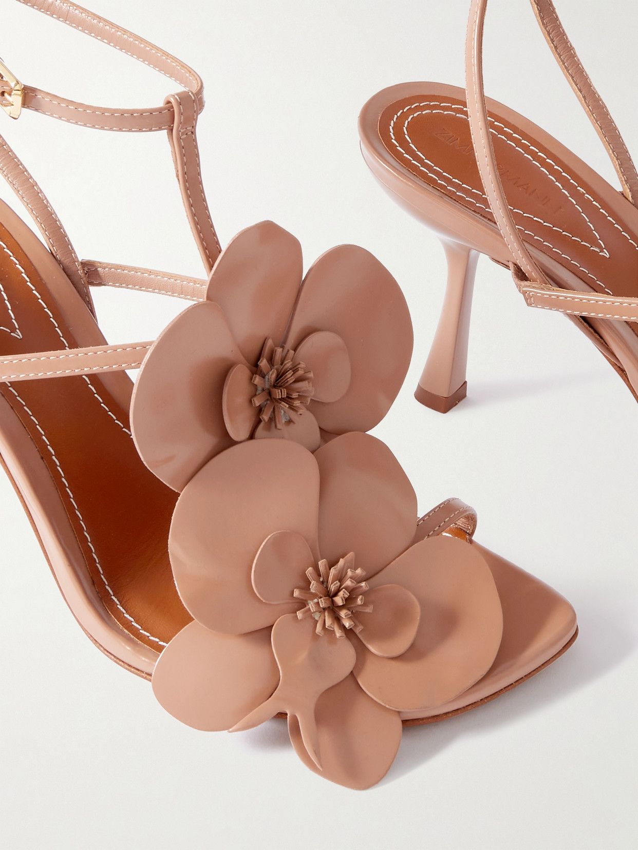 Orchid Appliquéd Glossed-Leather Sandals