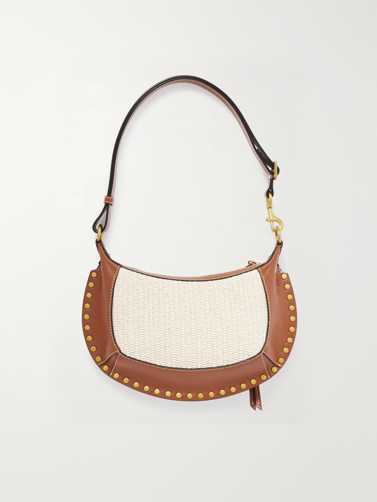 Oskan Moon Studded Leather-Trimmed Raffia Shoulder Bag