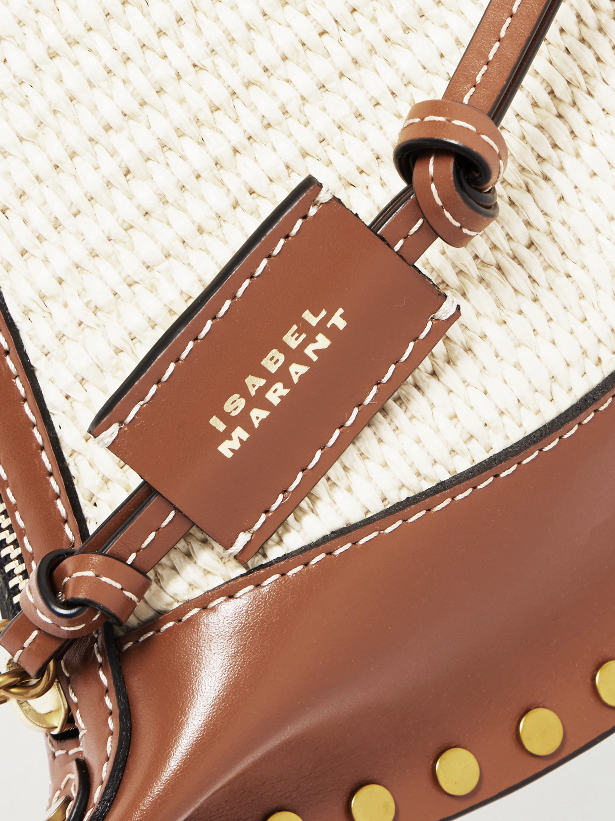 Oskan Moon Studded Leather-Trimmed Raffia Shoulder Bag