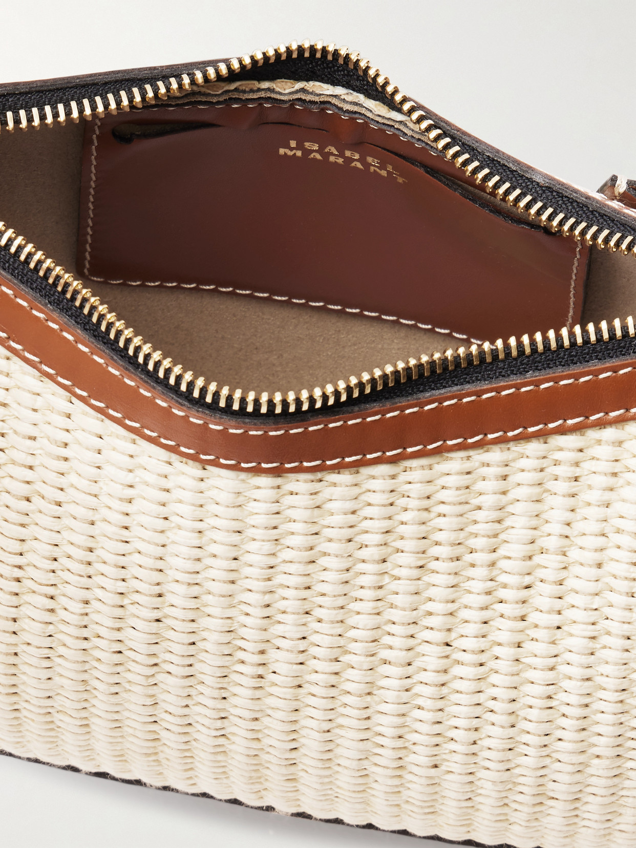 Oskan Moon Studded Leather-Trimmed Raffia Shoulder Bag