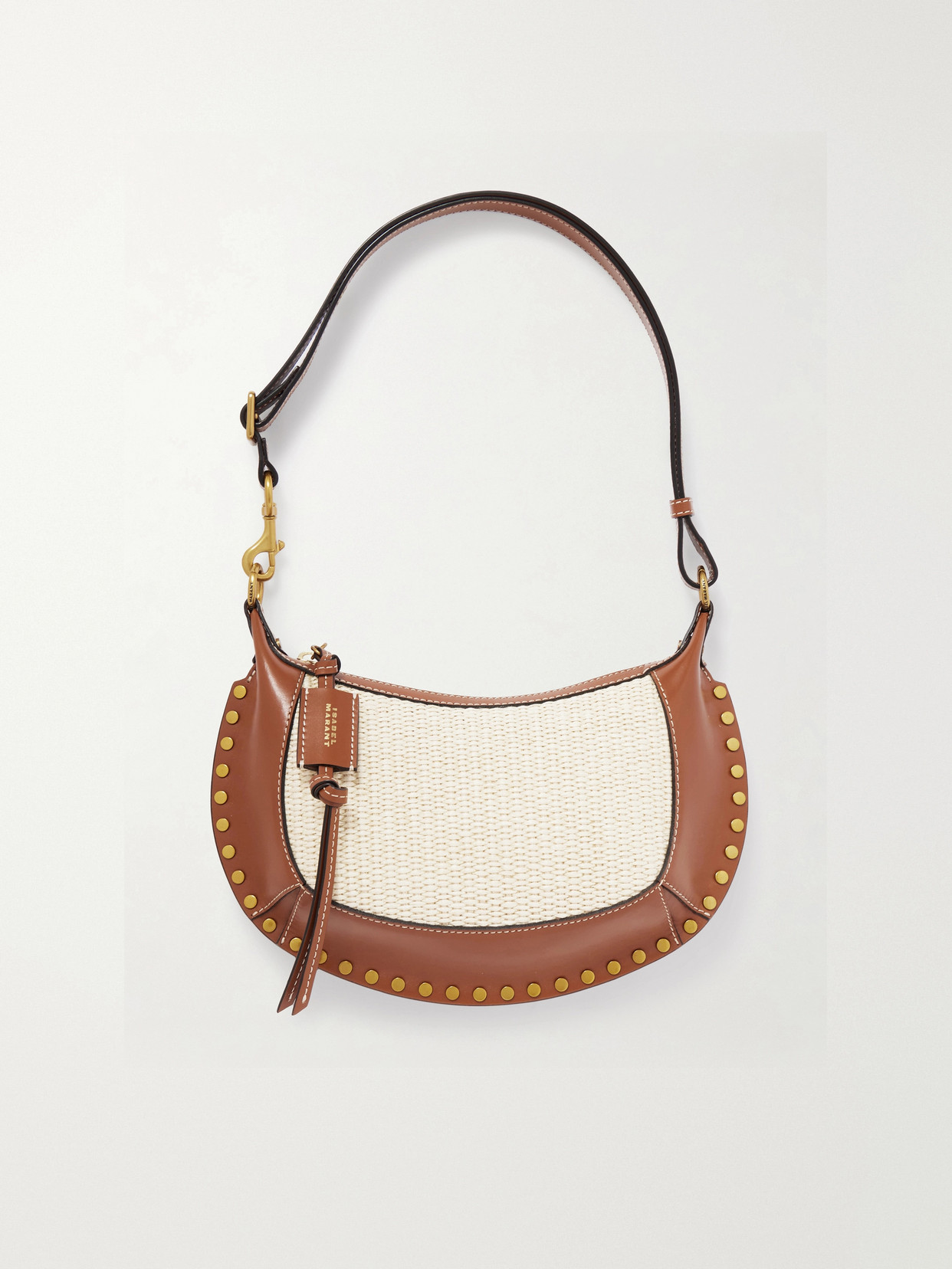 Oskan Moon Studded Leather-Trimmed Raffia Shoulder Bag