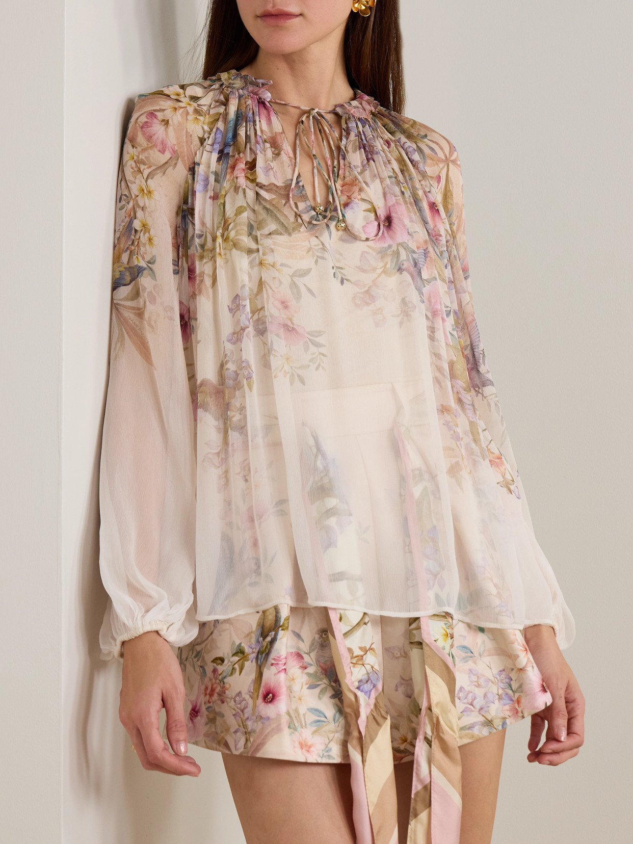 Rebellion Tie-Detailed Gathered Chiffon Blouse