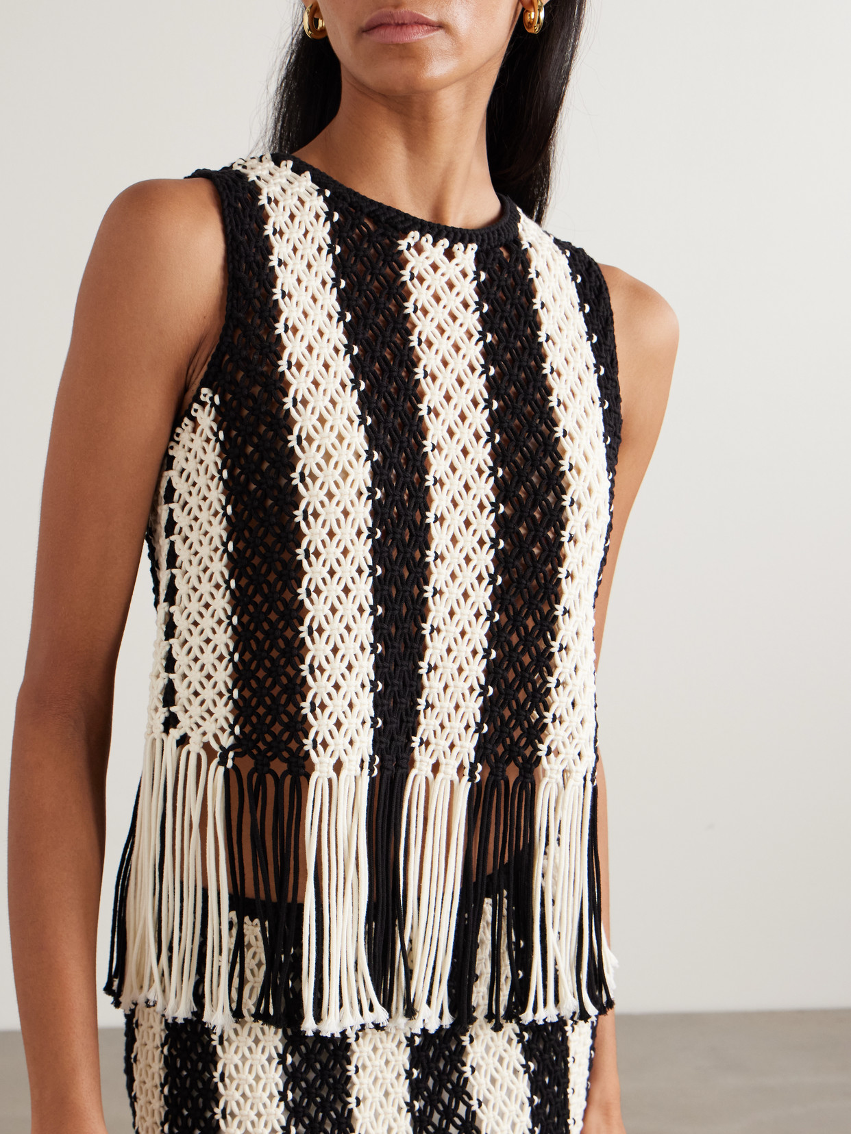 Wanderlust Fringed Striped Macramé Cotton Top