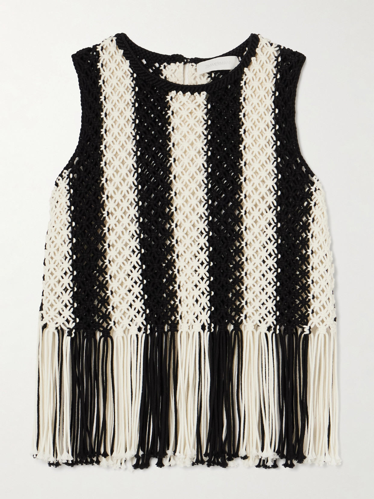 Wanderlust Fringed Striped Macramé Cotton Top