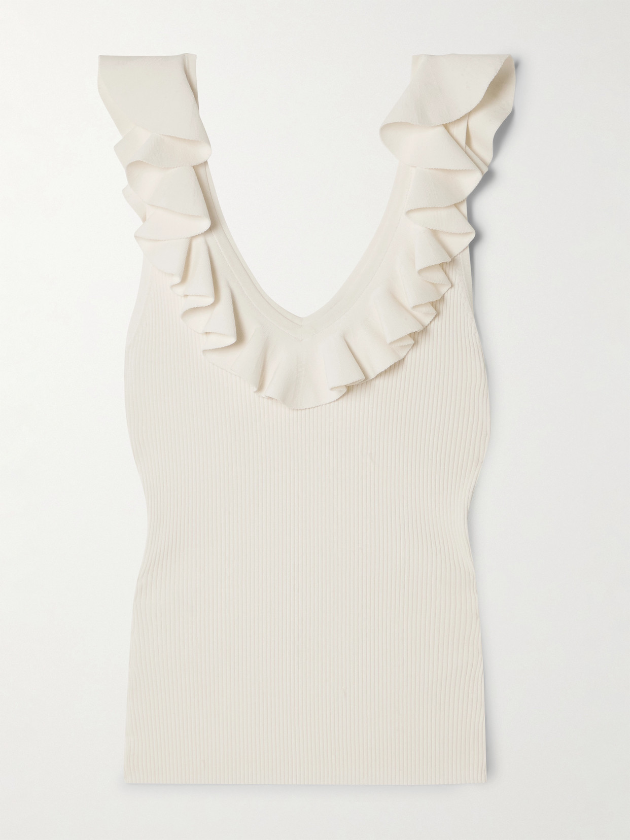Awaken Ruffled Ribbed-Knit Top