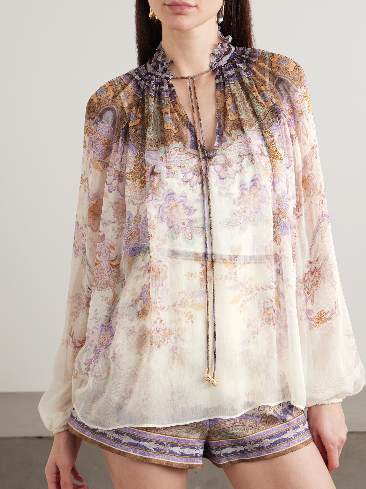 Ruched Printed Chiffon Blouse