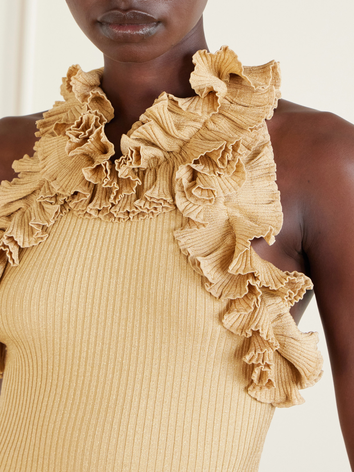Luna Cropped Ruffled Metallic Ribbed-Knit Top
