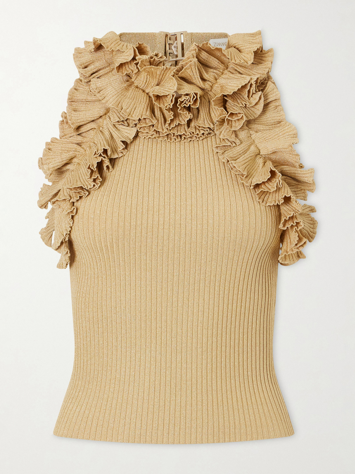 Luna Cropped Ruffled Metallic Ribbed-Knit Top