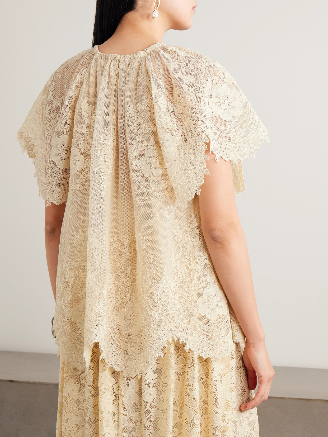 Luna Scalloped Gathered Lace And Point D'Esprit Blouse