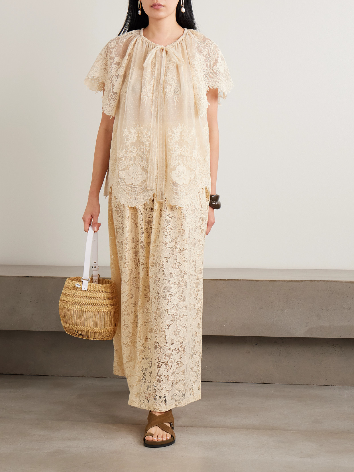Luna Scalloped Gathered Lace And Point D'Esprit Blouse