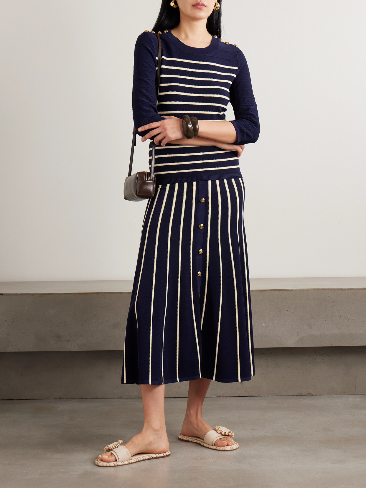Luna Button-Detailed Pleated Striped Midi