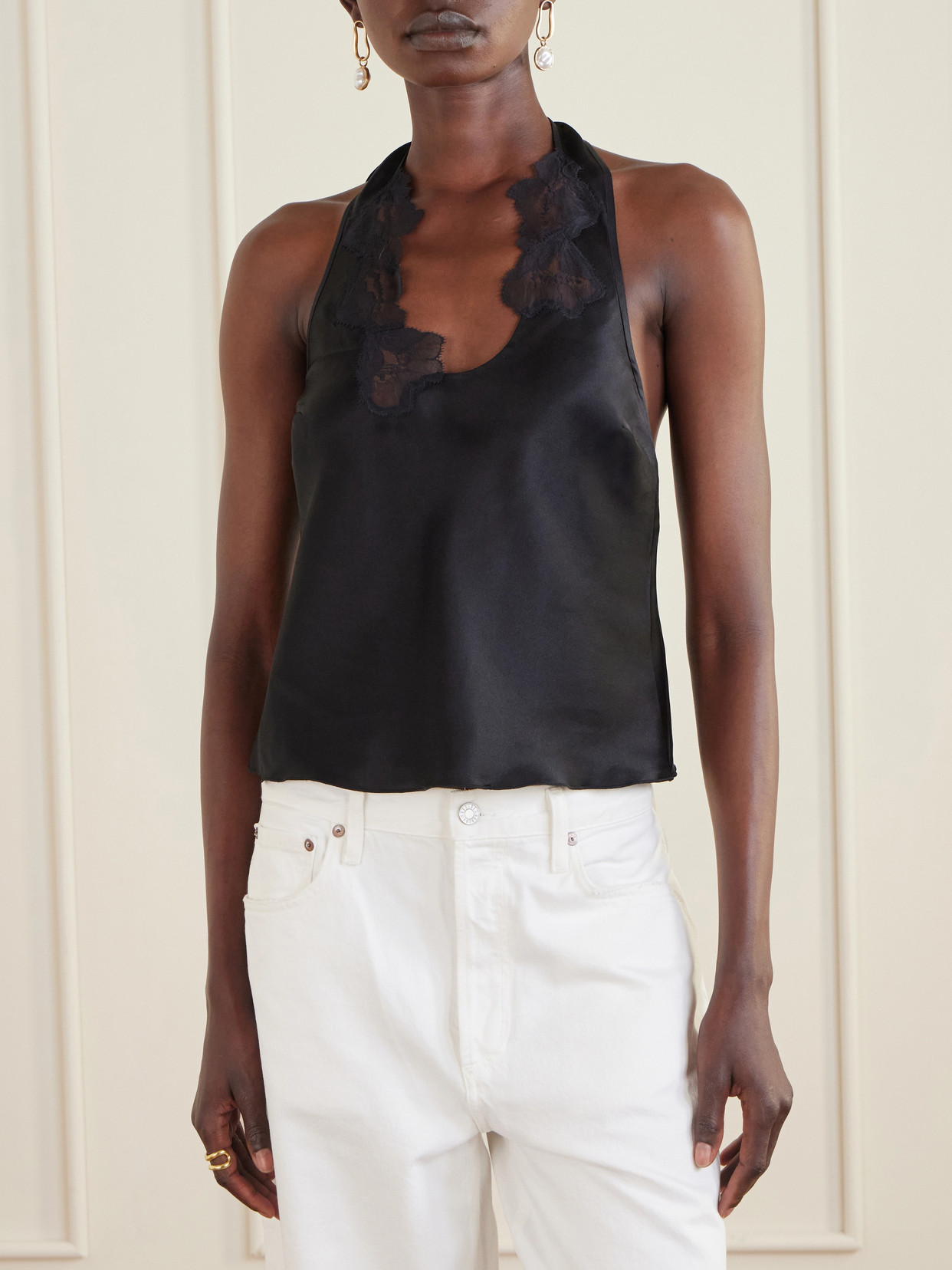 . - Montparnasse Lace-Trimmed Silk-Satin Tank