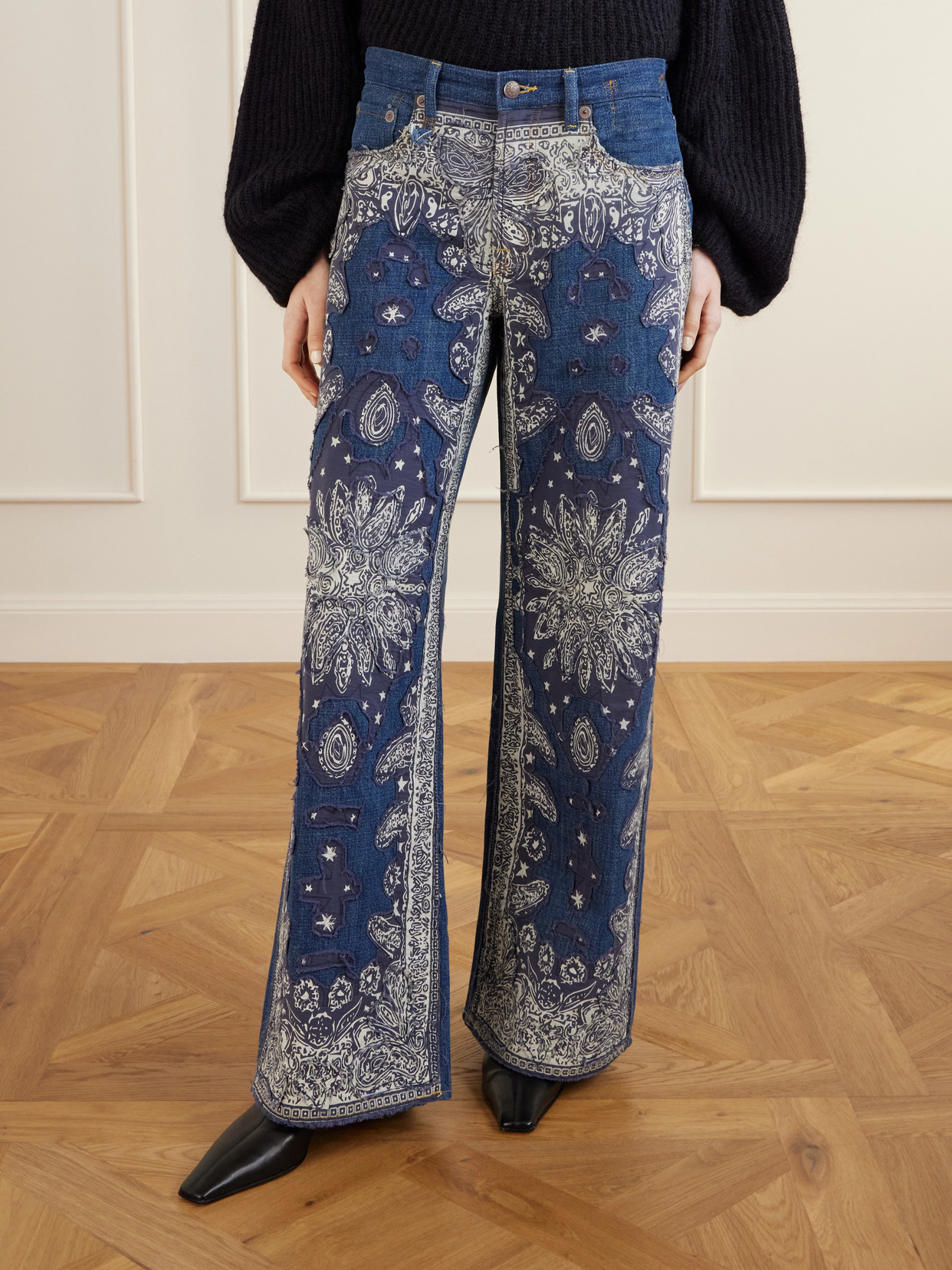 D'Arcy Flare Embellished Paisley-Print Mid-Rise Wide- Leg