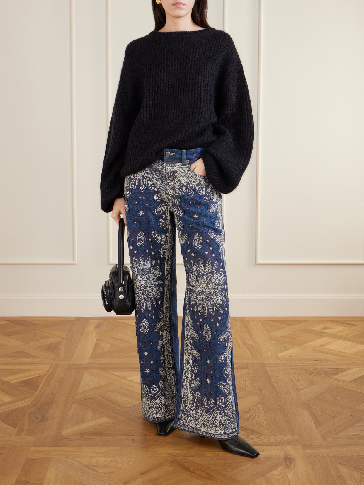 D'Arcy Flare Embellished Paisley-Print Mid-Rise Wide- Leg