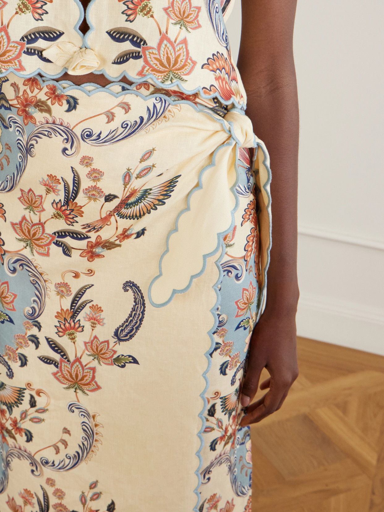 Scalloped Printed Linen Wrap Midi