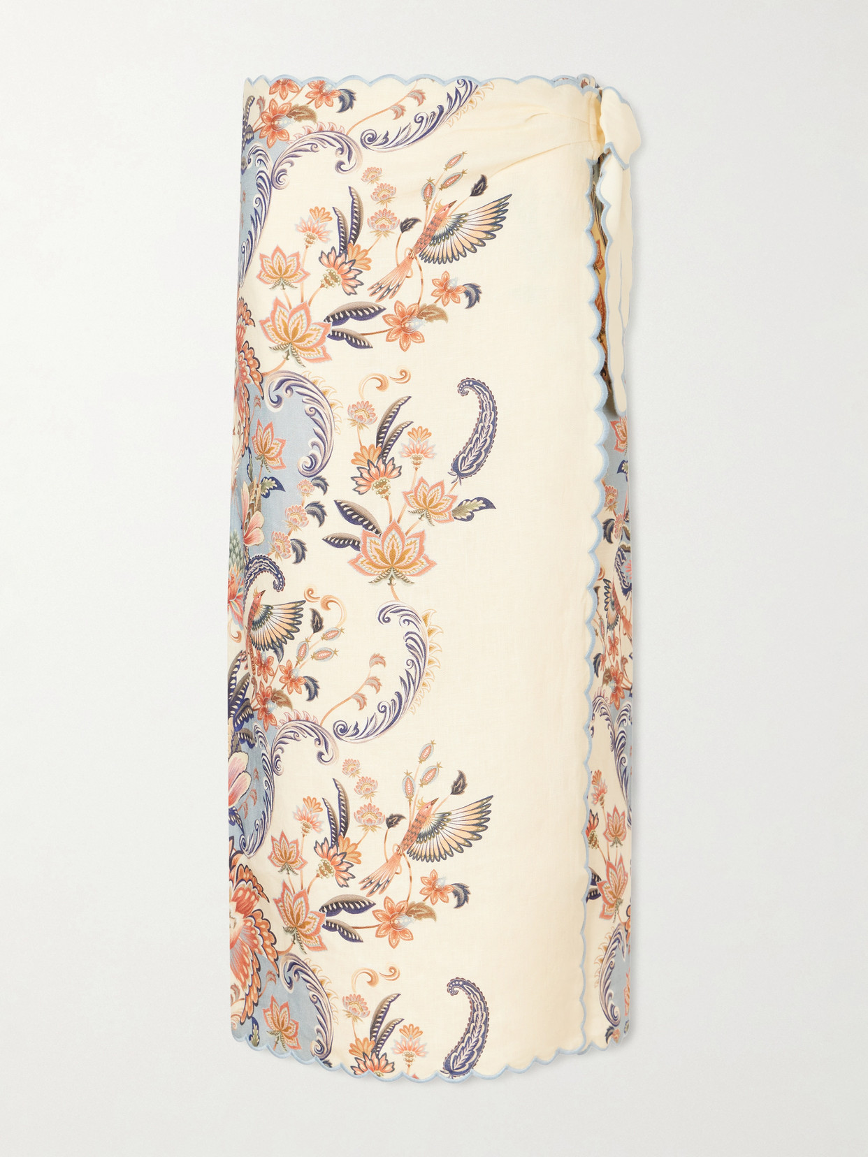 Scalloped Printed Linen Wrap Midi