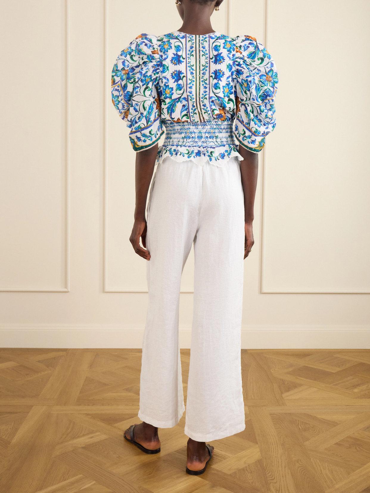 Flora Tile Shirred Floral-Print Cotton-Poplin Blouse