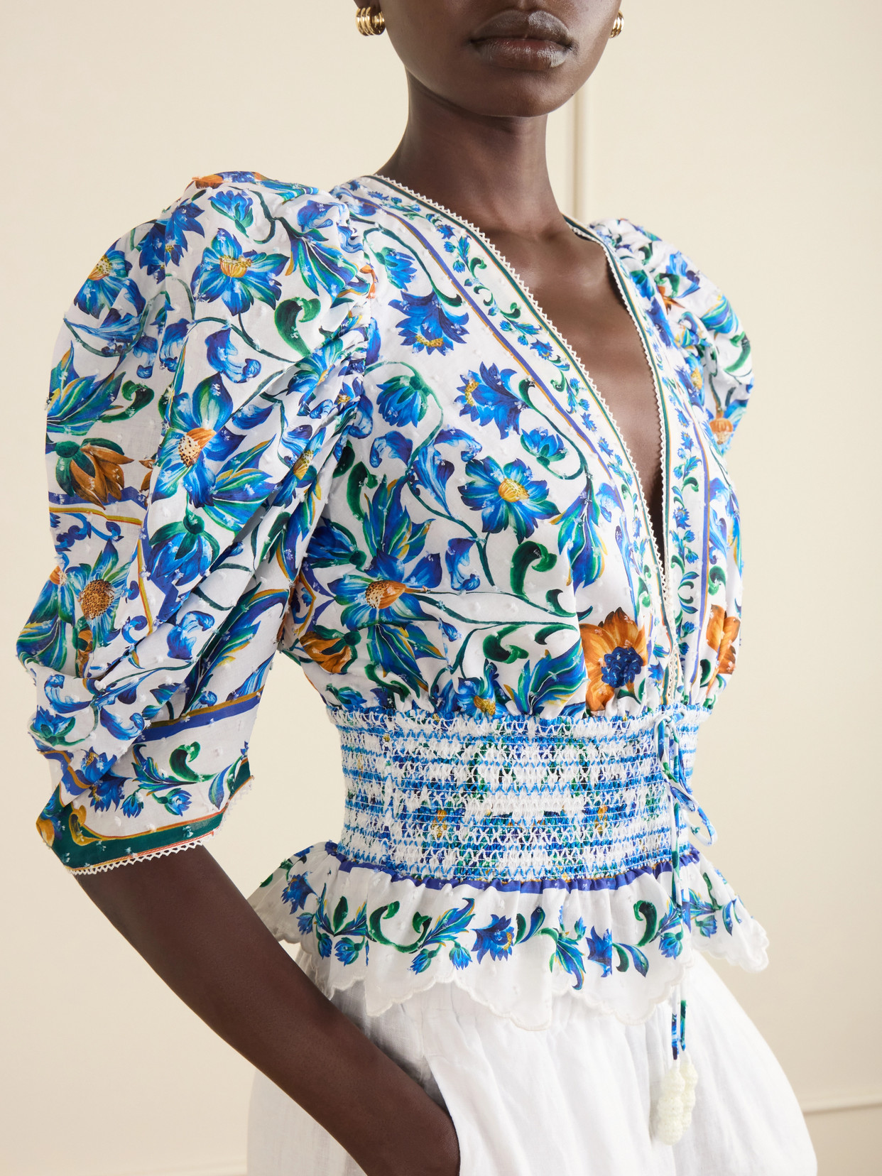 Flora Tile Shirred Floral-Print Cotton-Poplin Blouse