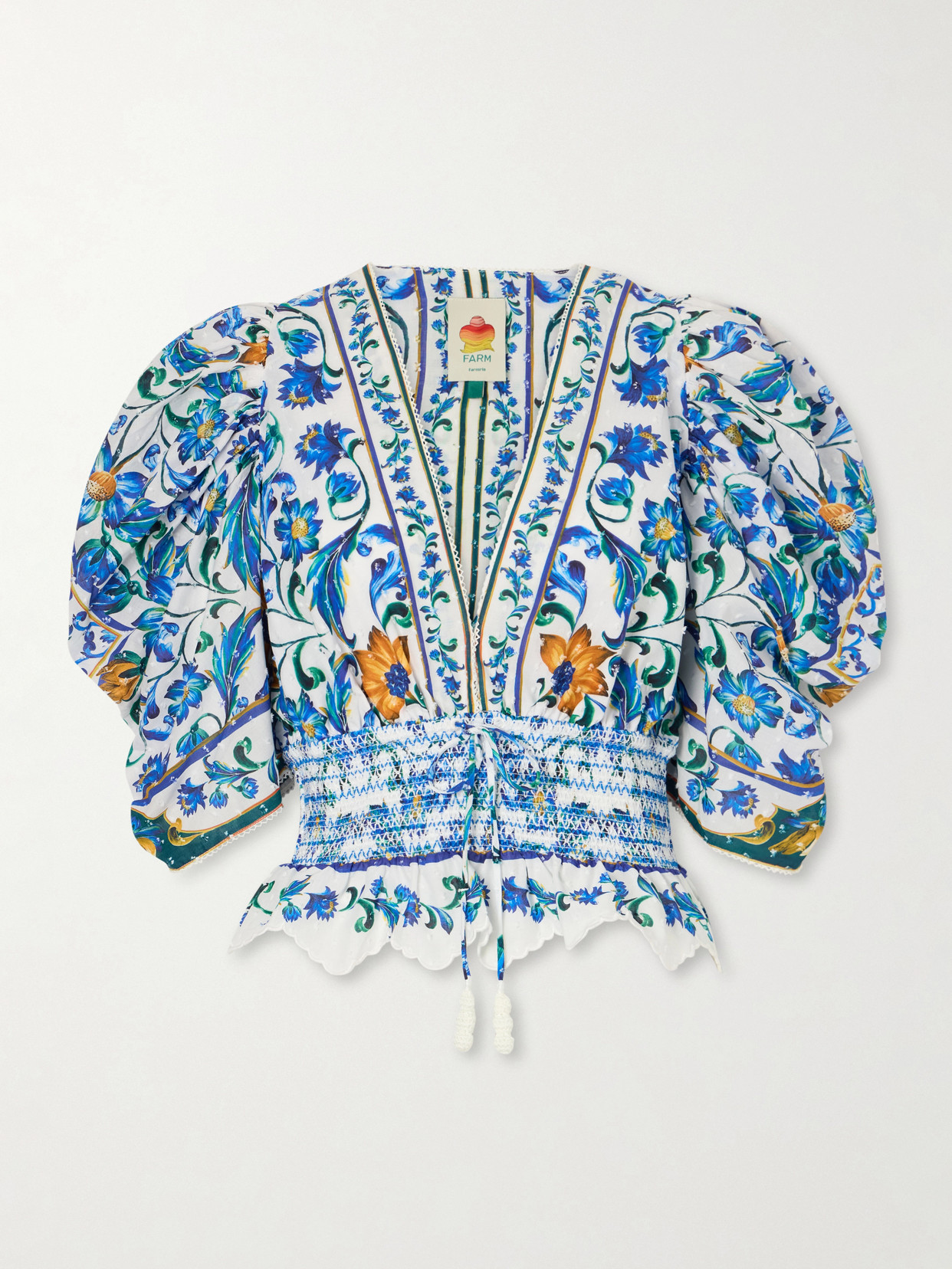 Flora Tile Shirred Floral-Print Cotton-Poplin Blouse
