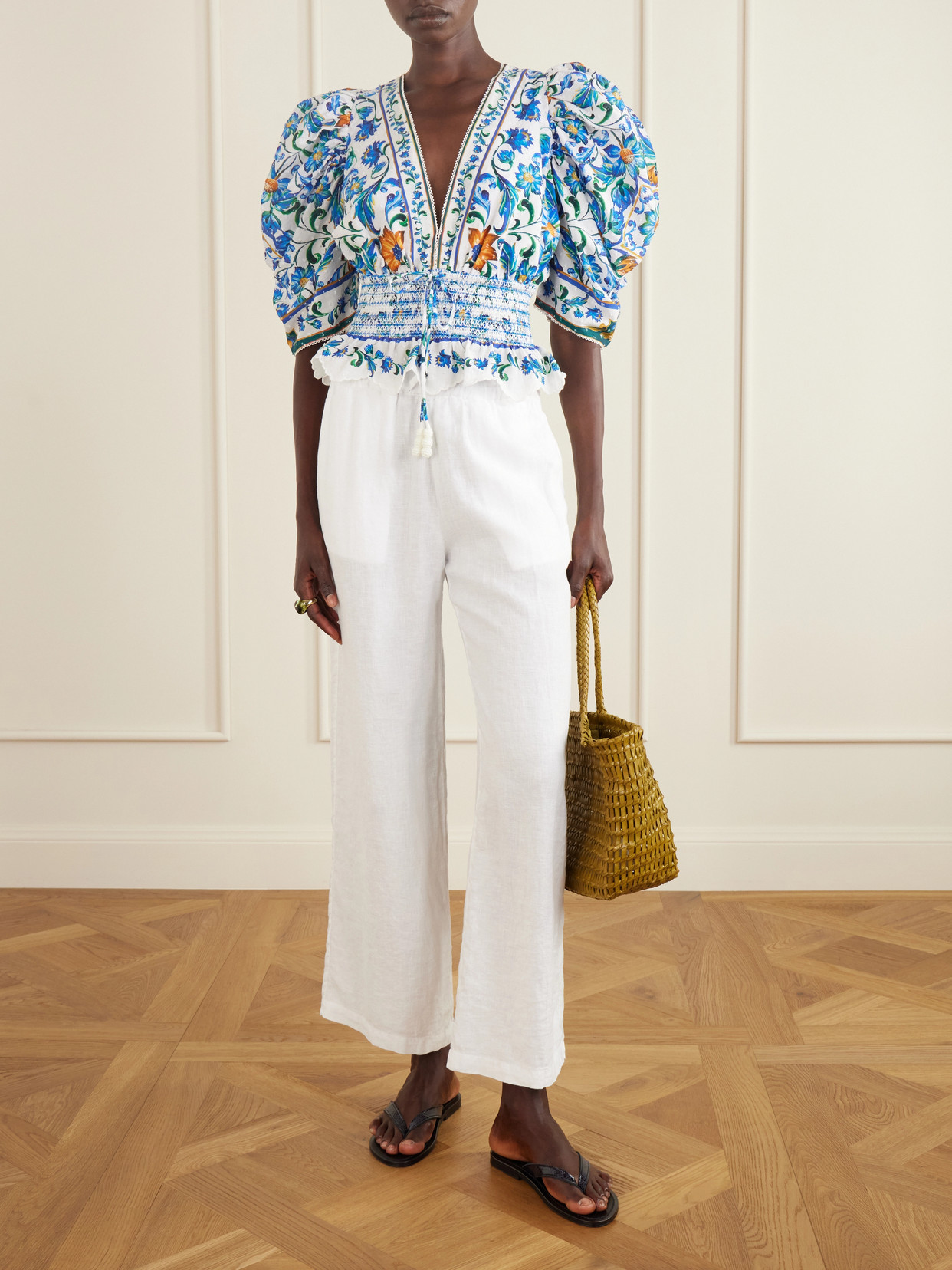 Flora Tile Shirred Floral-Print Cotton-Poplin Blouse