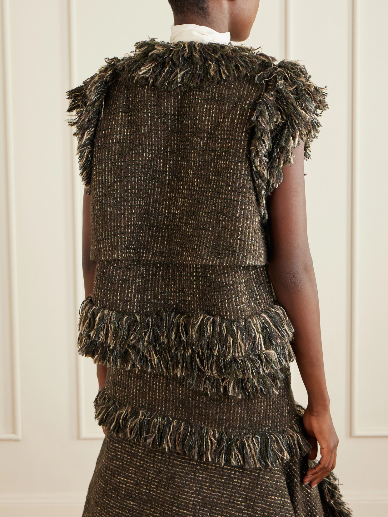 Bow-Detailed Fringed Wool-Blend Tweed Vest