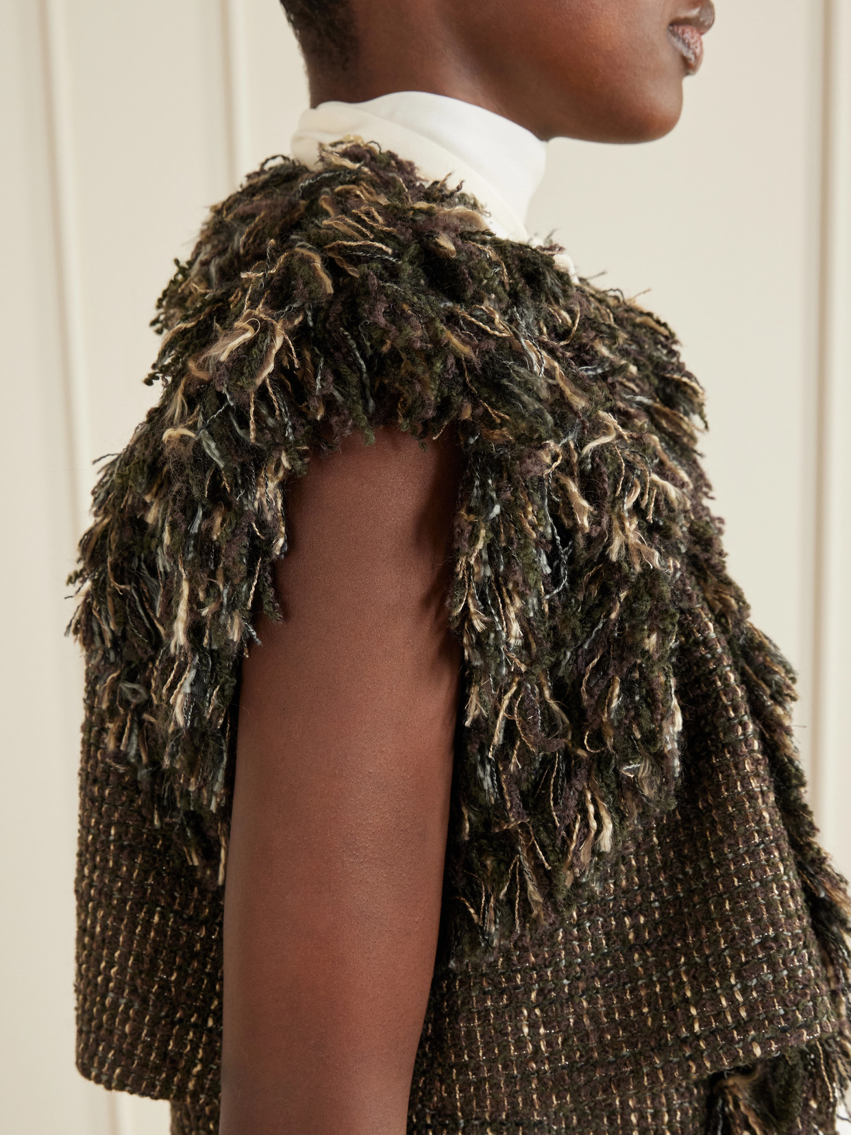 Bow-Detailed Fringed Wool-Blend Tweed Vest