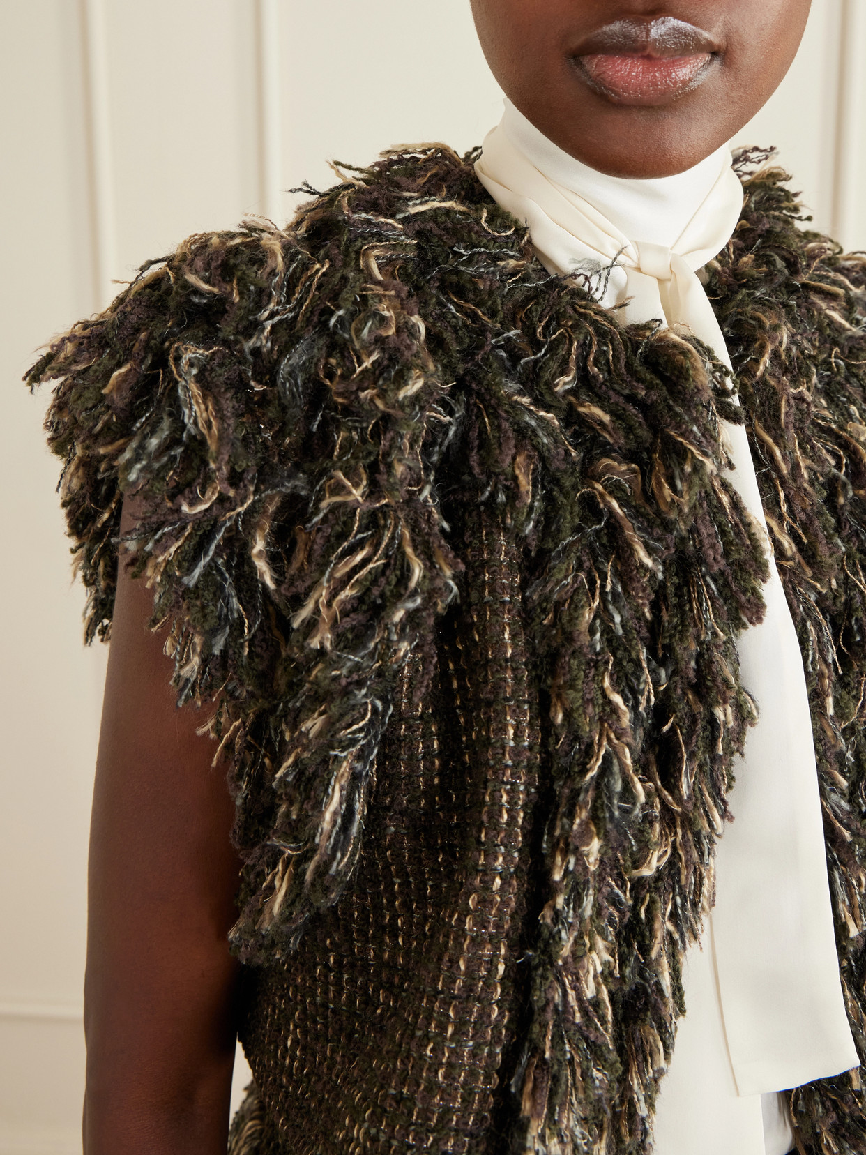 Bow-Detailed Fringed Wool-Blend Tweed Vest