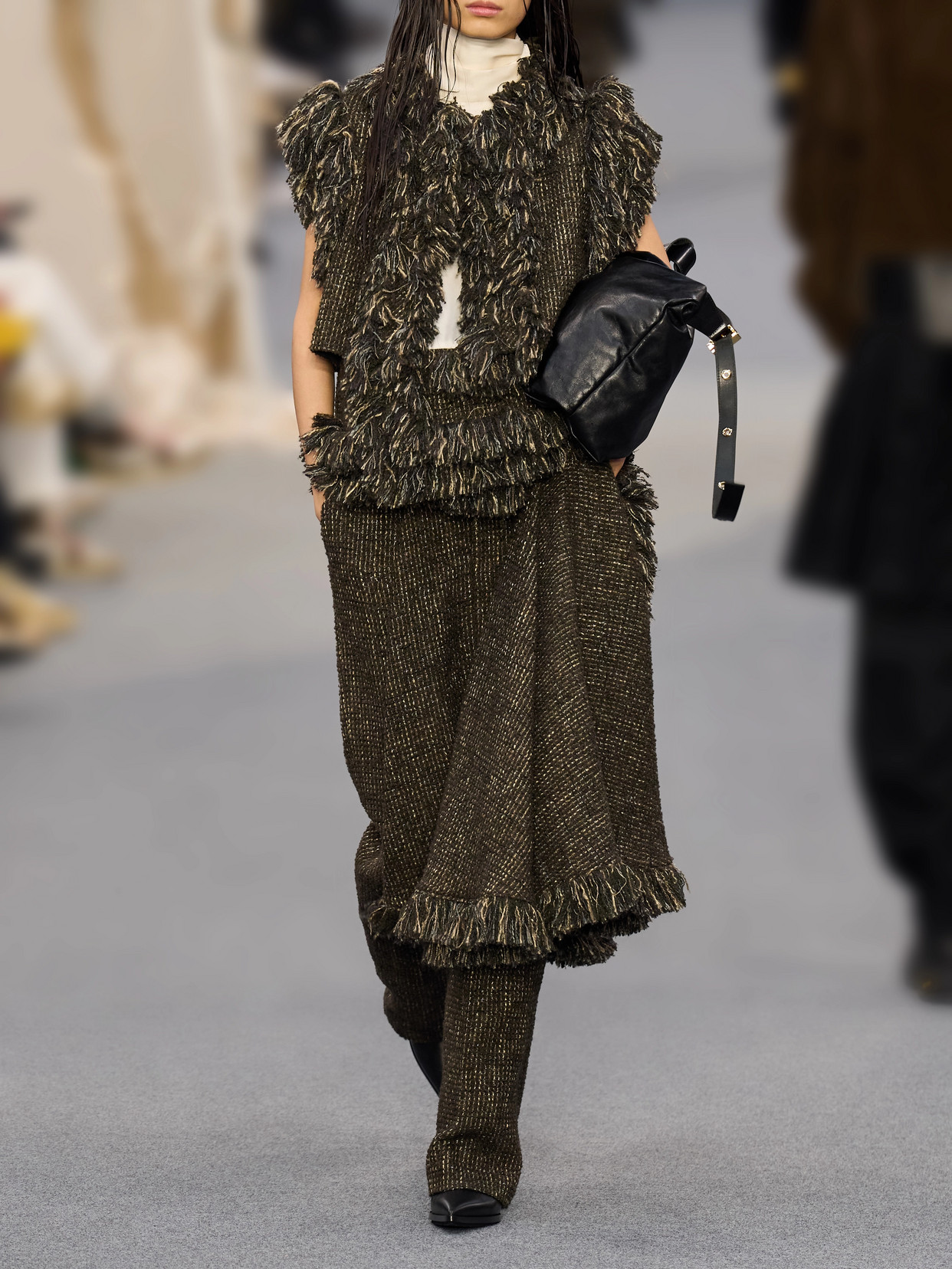 Bow-Detailed Fringed Wool-Blend Tweed Vest