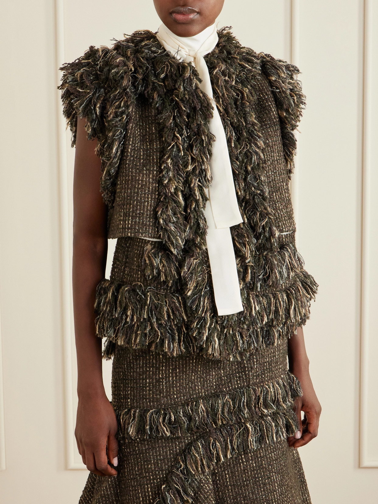 Bow-Detailed Fringed Wool-Blend Tweed Vest