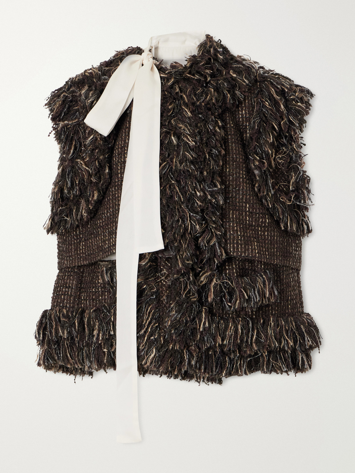 Bow-Detailed Fringed Wool-Blend Tweed Vest