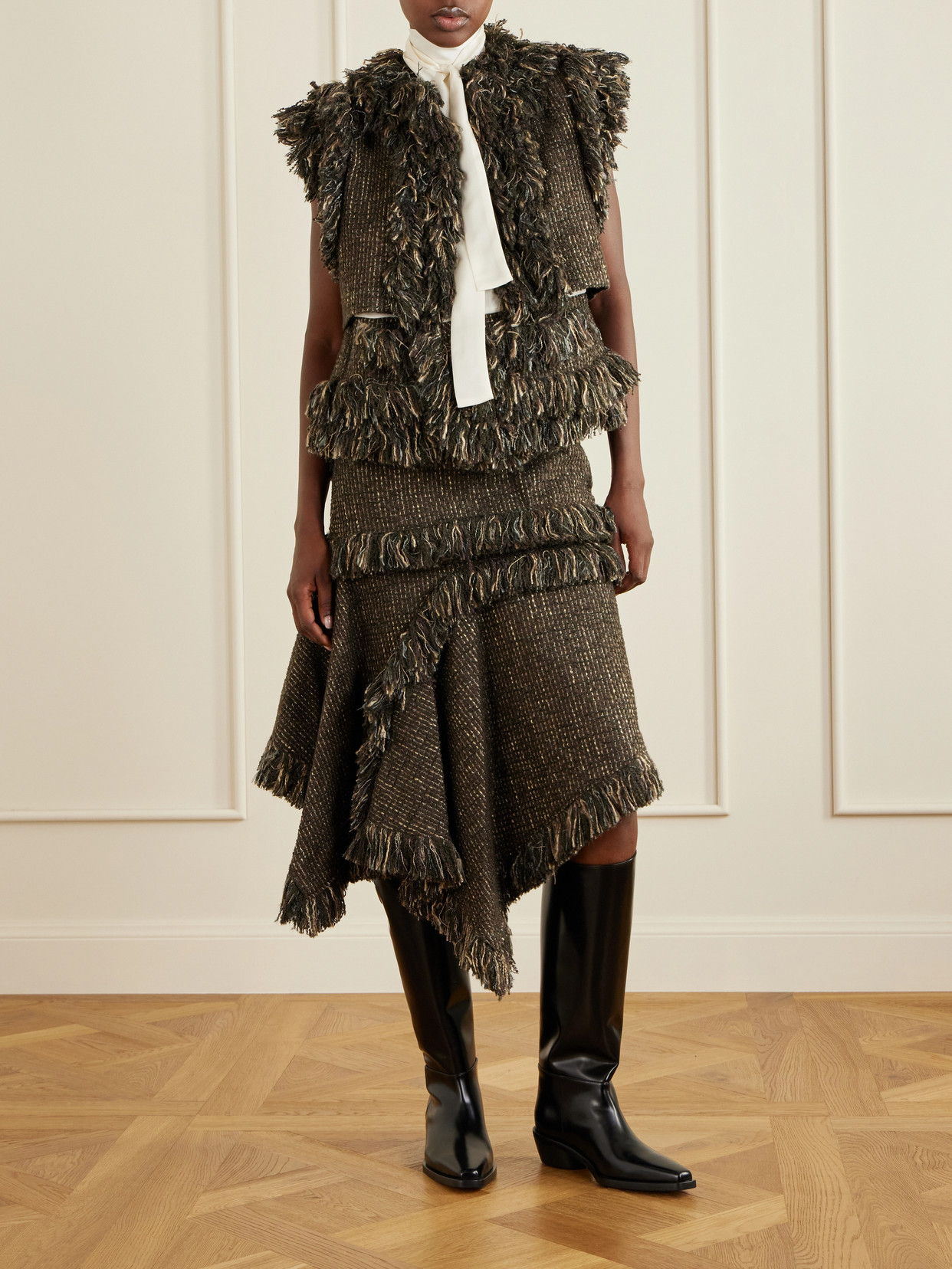 Bow-Detailed Fringed Wool-Blend Tweed Vest