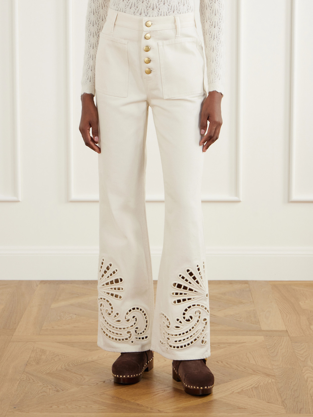 The Lou Broderie Anglaise Mid-Rise Straight-Leg Jeans