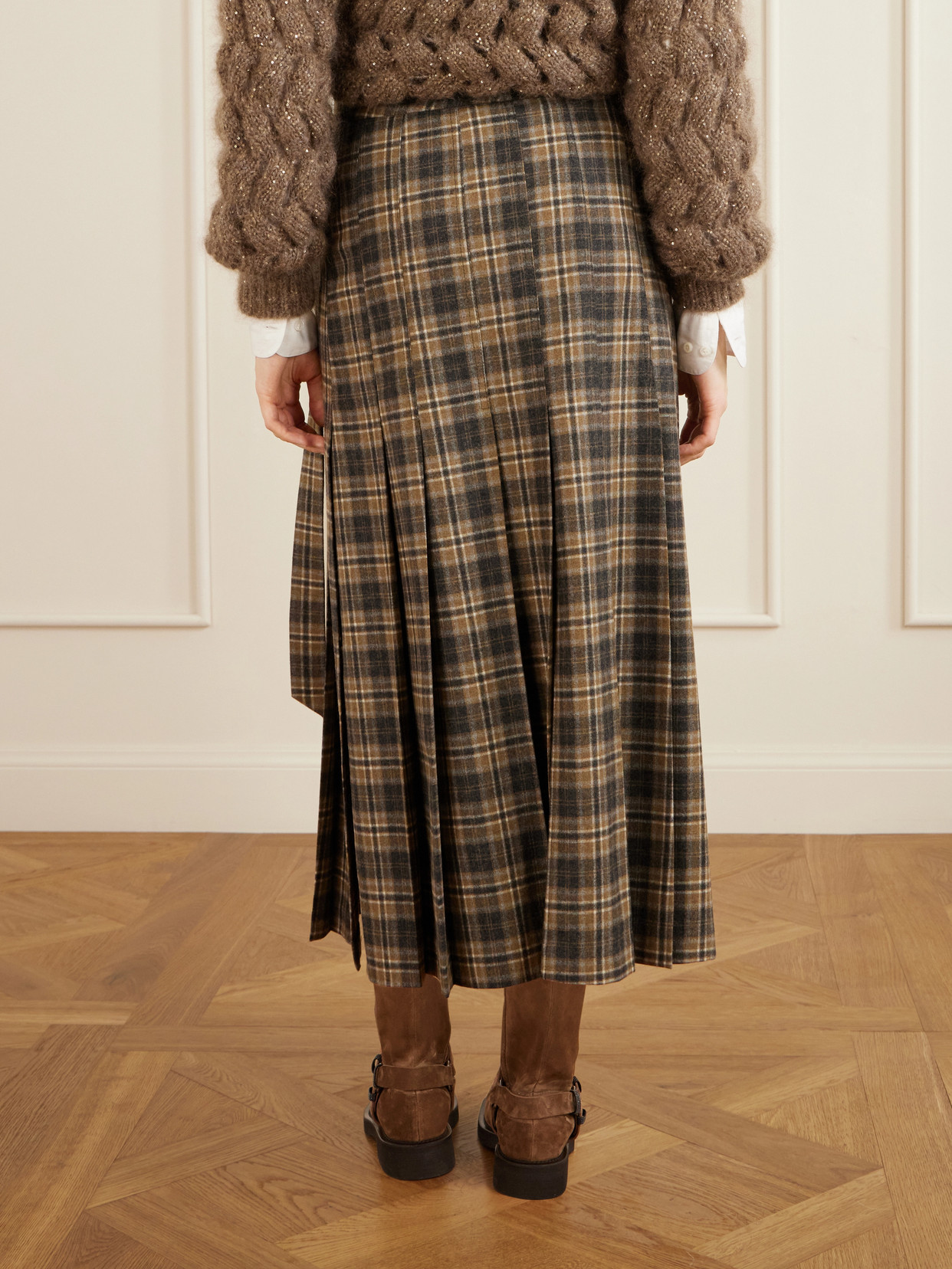 Checked Wool-Blend Wrap Midi
