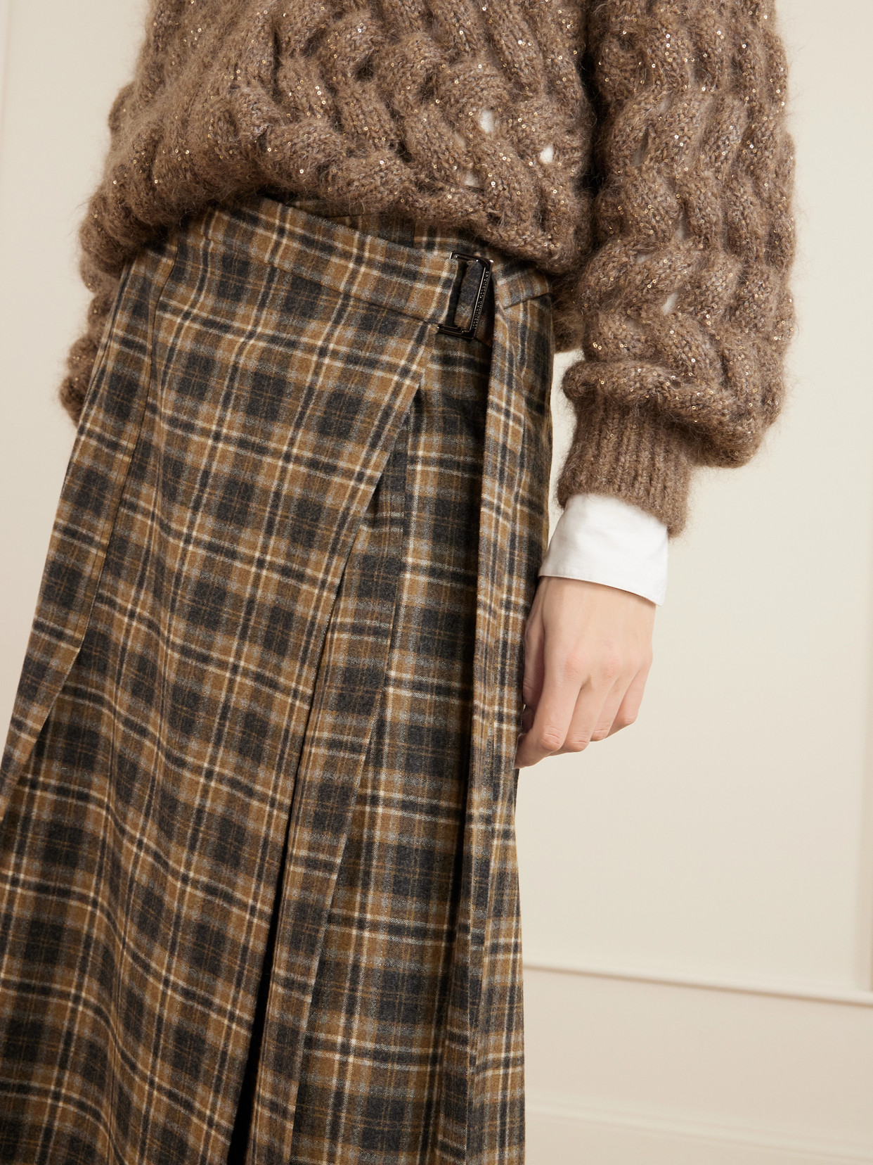 Checked Wool-Blend Wrap Midi