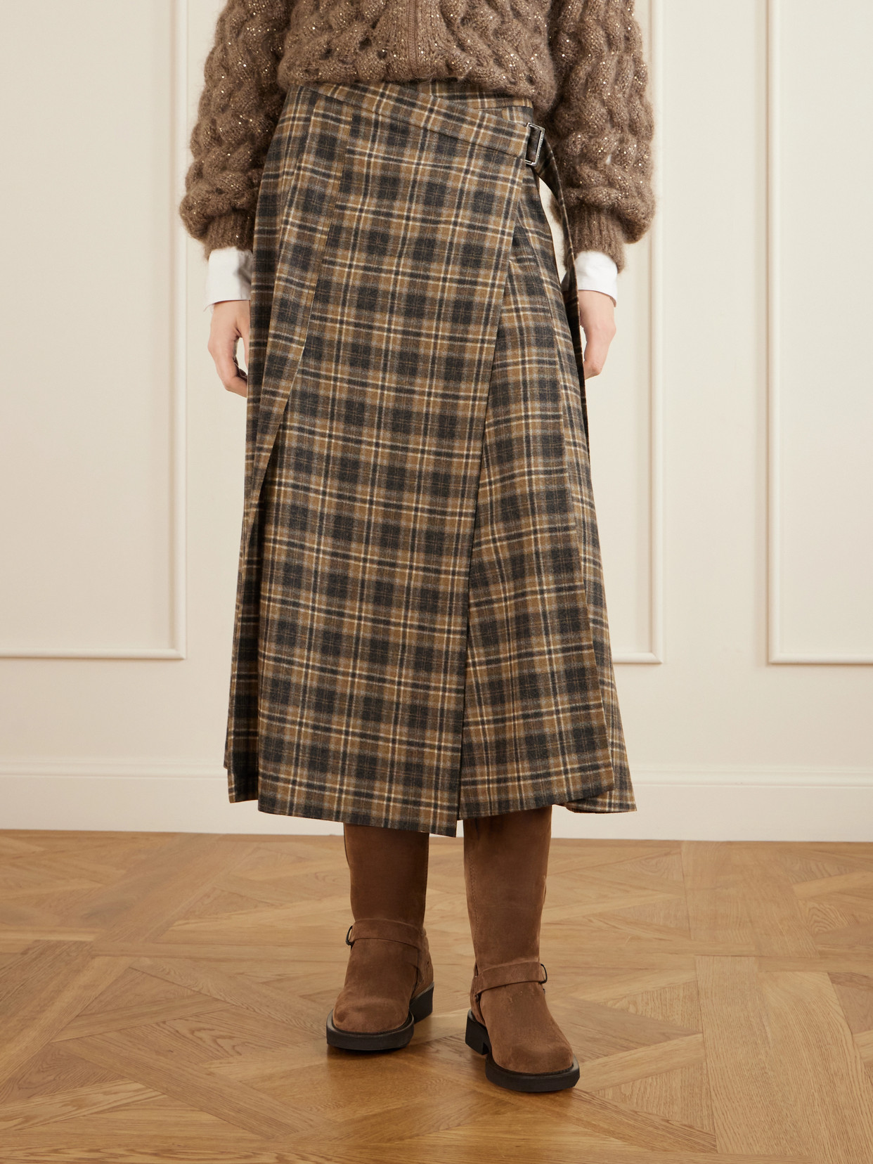 Checked Wool-Blend Wrap Midi