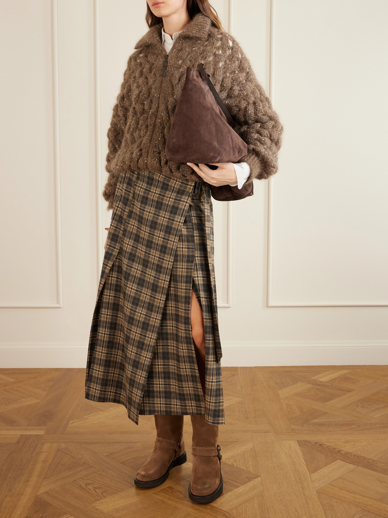 Checked Wool-Blend Wrap Midi