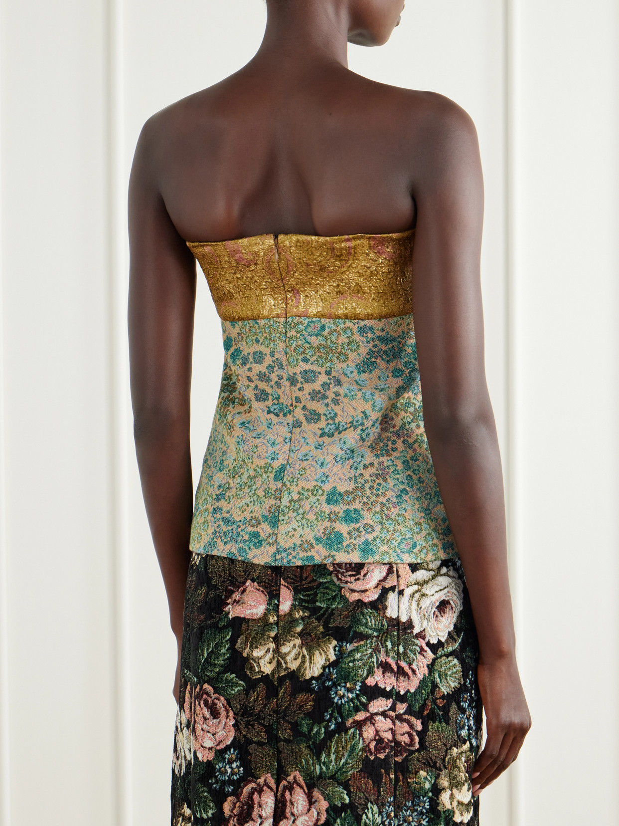 Strapless Metallic Floral-Jacquard Top