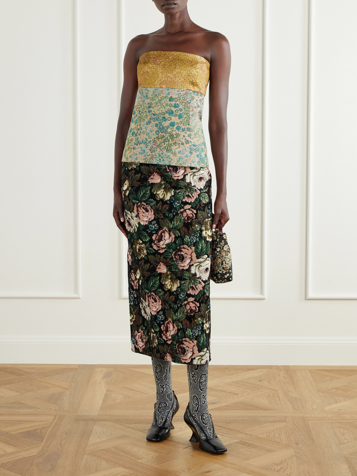 Strapless Metallic Floral-Jacquard Top