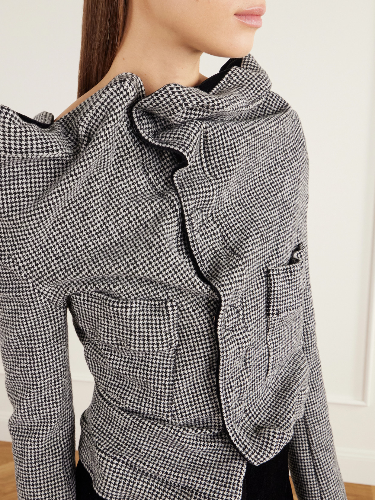 Asymmetric Houndstooth Wool-Blend Jacket