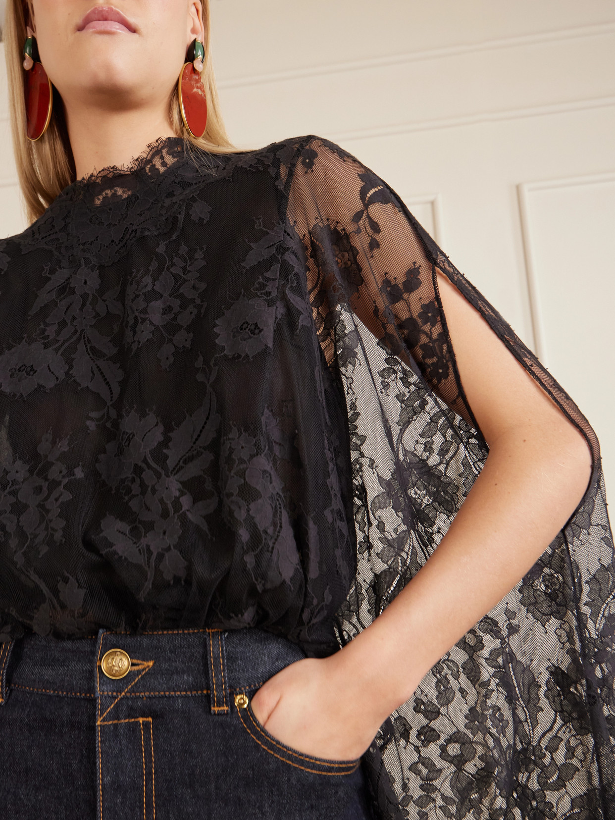 Valiant Cropped Cape-Effect Lace Blouse