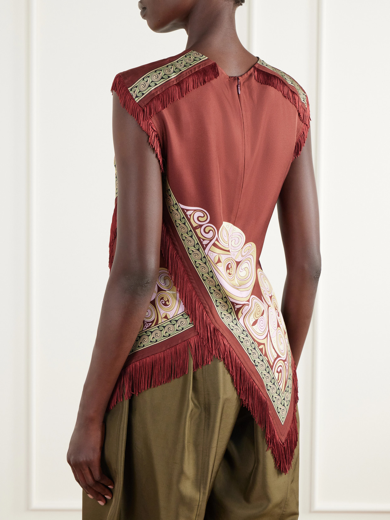 Scarf Asymmetric Printed Fringe-Trimmed Silk-Twill Blouse
