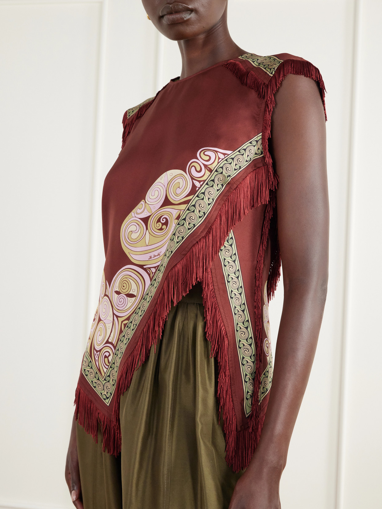 Scarf Asymmetric Printed Fringe-Trimmed Silk-Twill Blouse