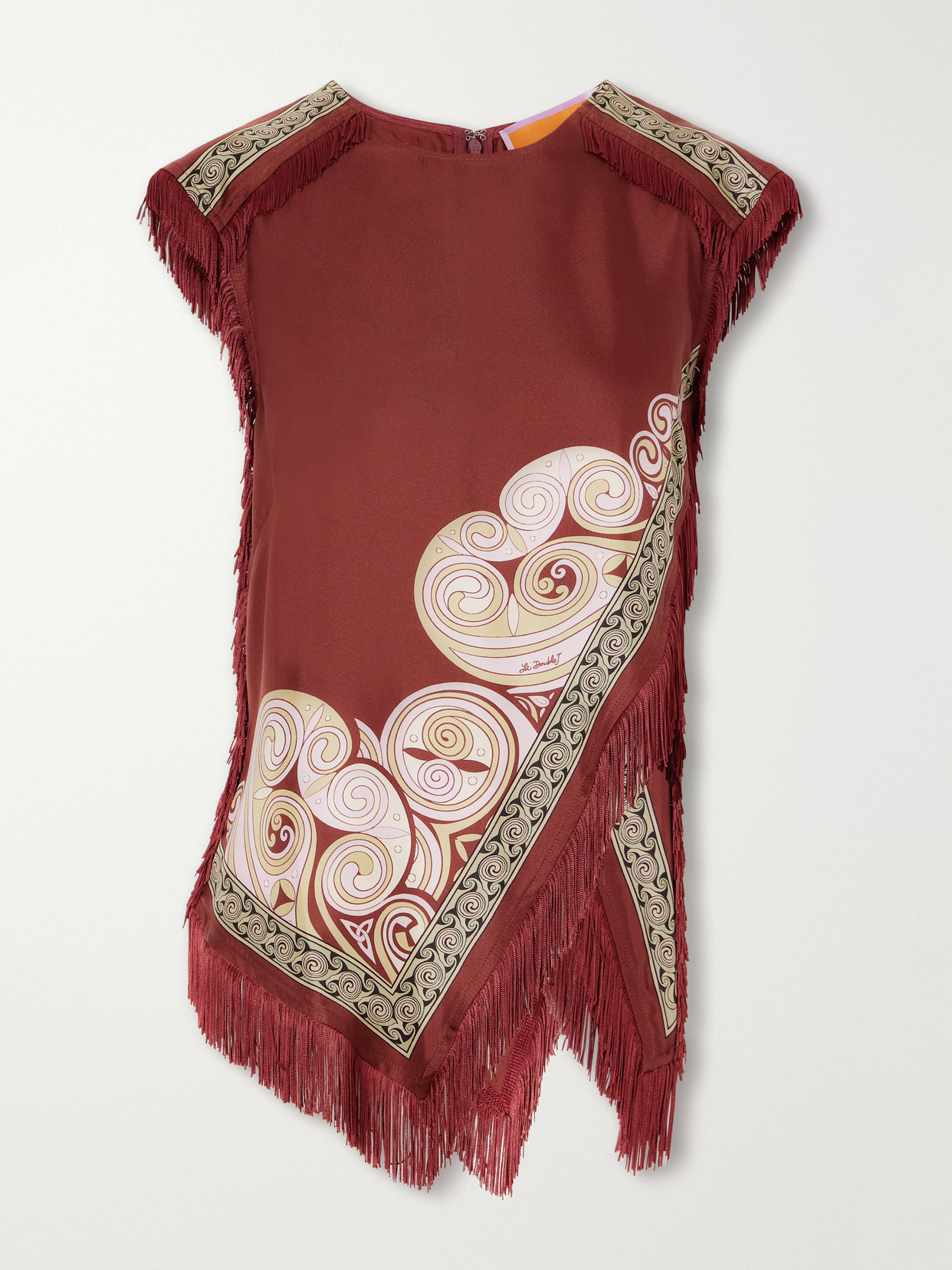 Scarf Asymmetric Printed Fringe-Trimmed Silk-Twill Blouse