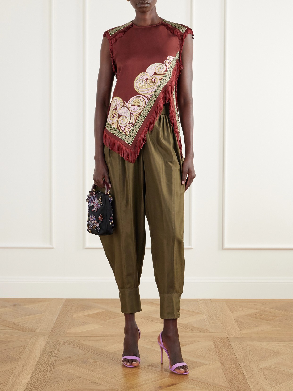 Scarf Asymmetric Printed Fringe-Trimmed Silk-Twill Blouse