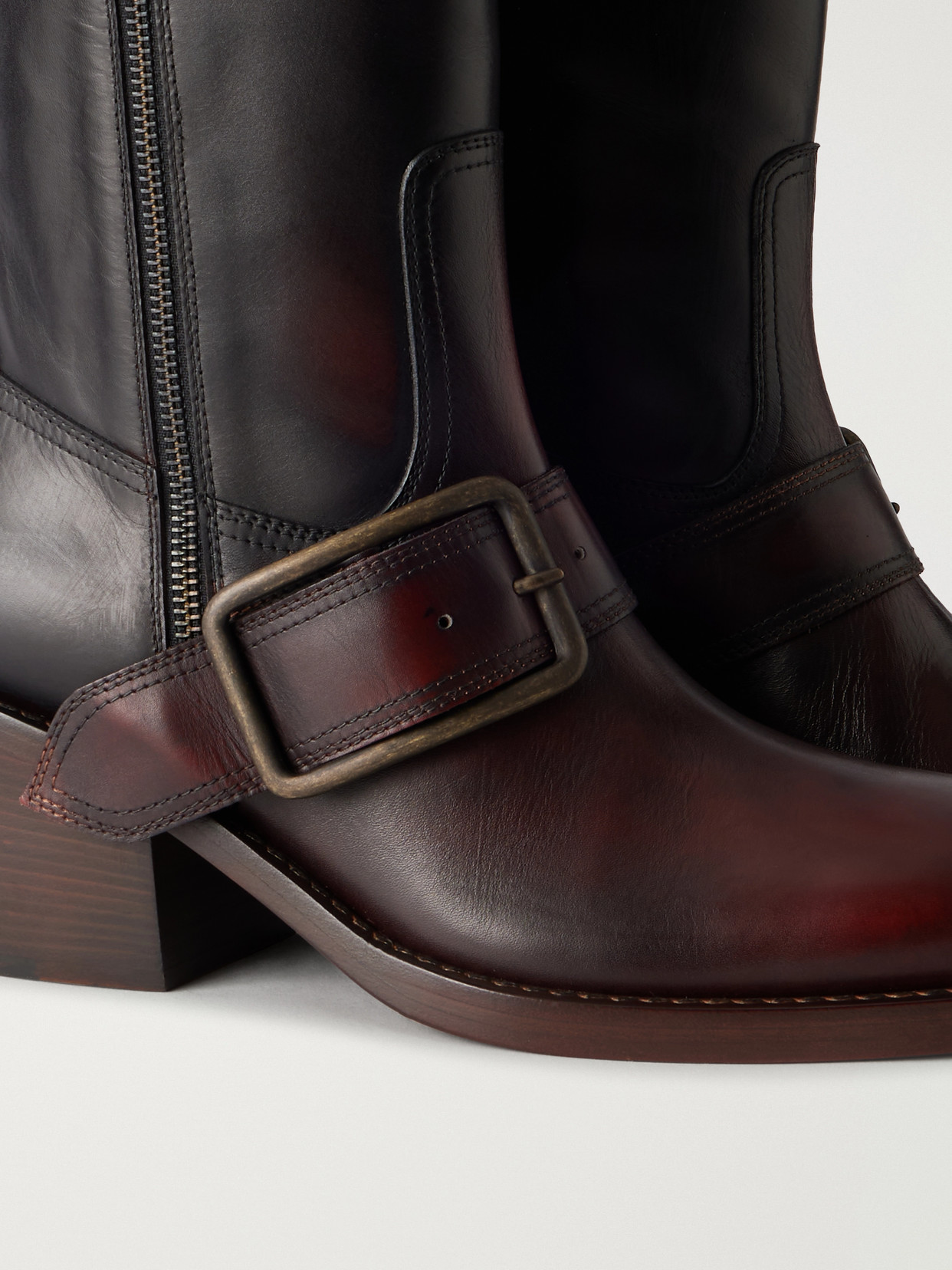 Buckle-Detail Leather Knee Boots