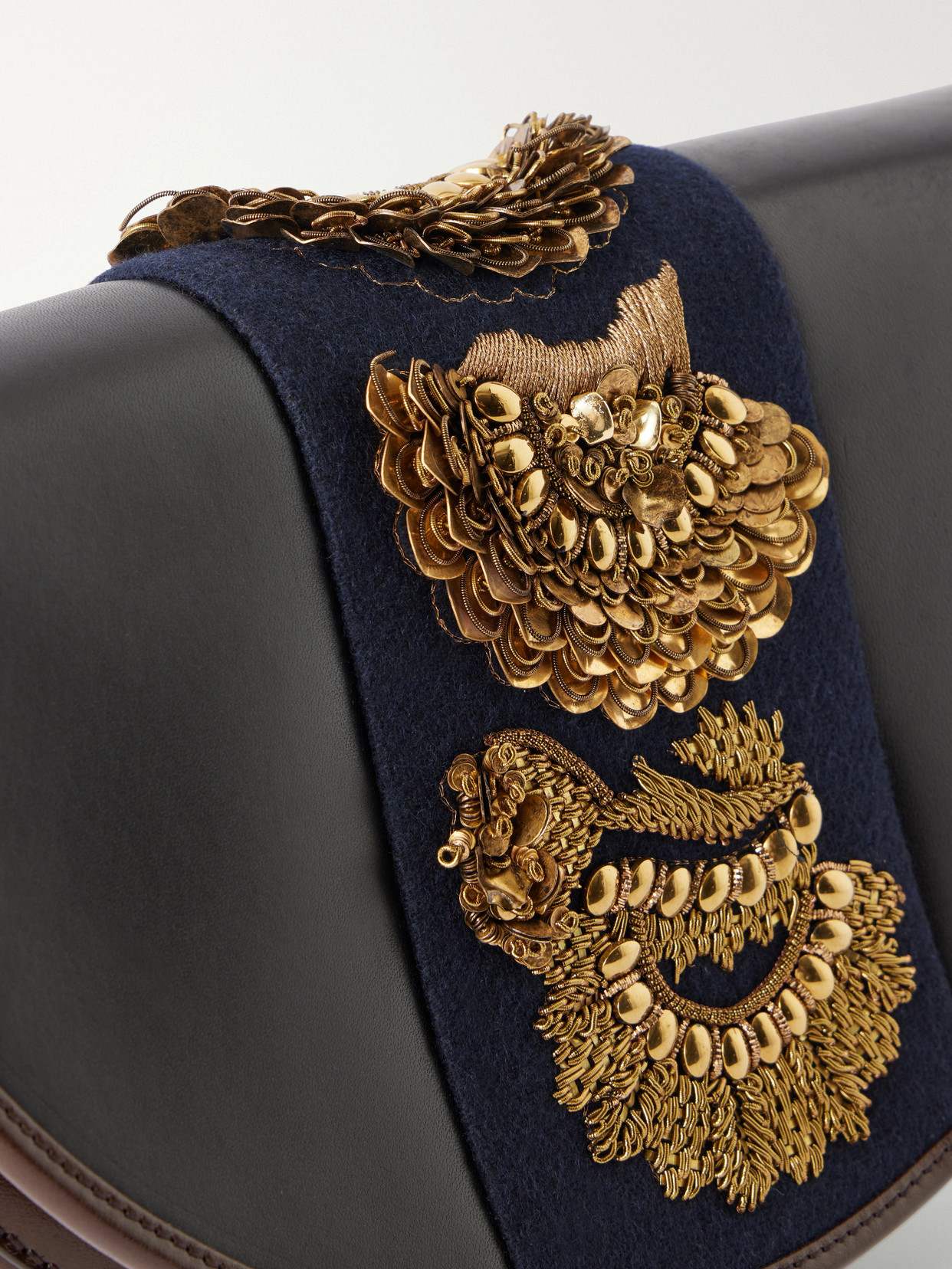 Embellished Fabric-Trimmed Shoulder Bag