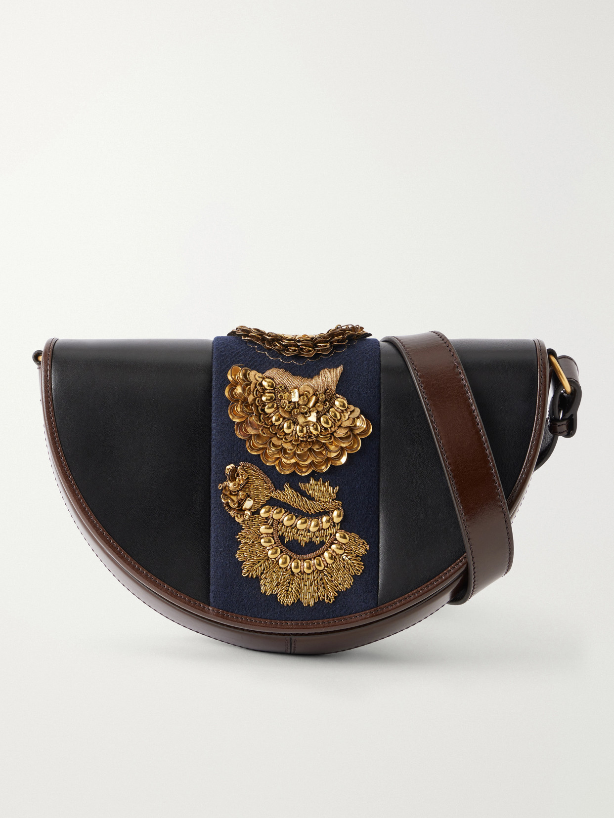 Embellished Fabric-Trimmed Shoulder Bag