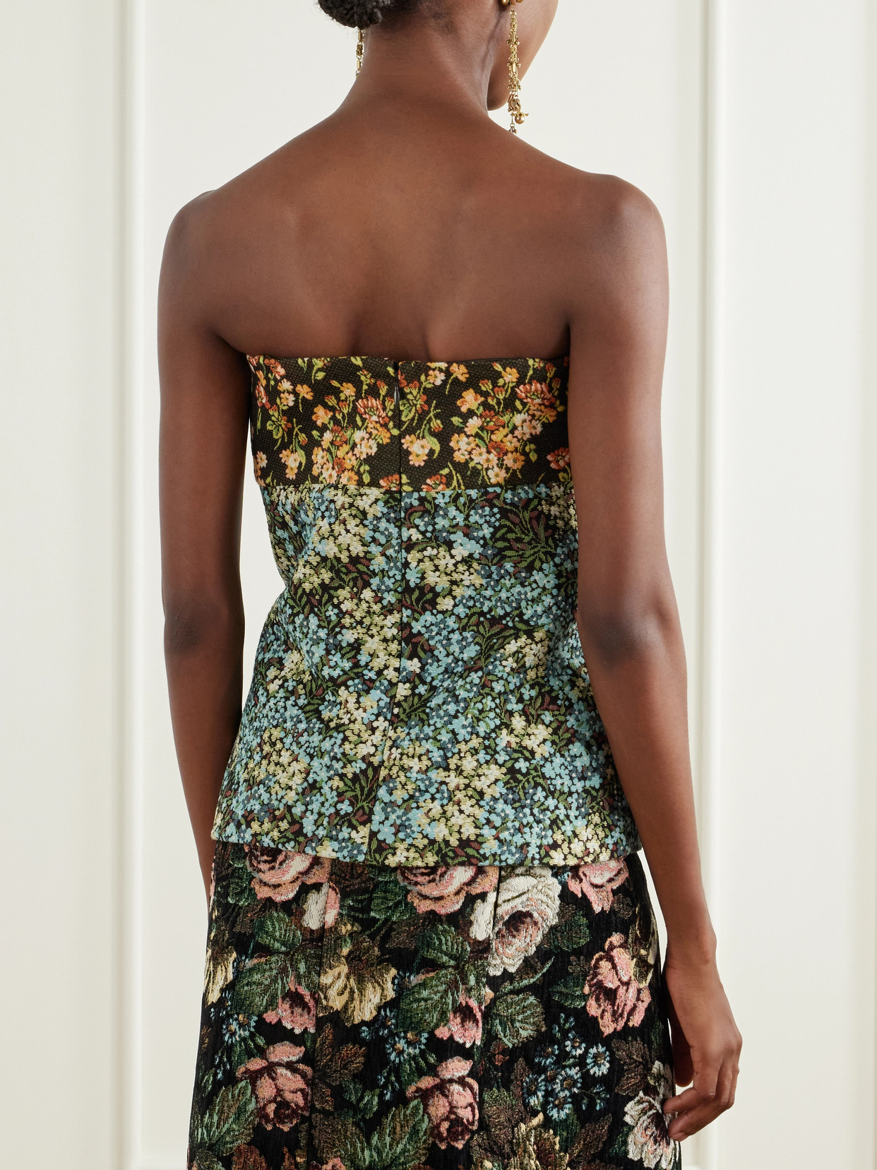 Strapless Floral-Jacquard Blouse