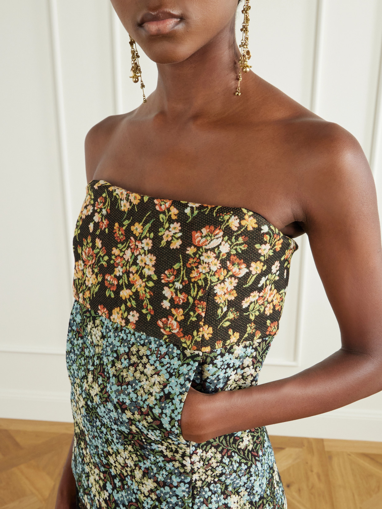 Strapless Floral-Jacquard Blouse
