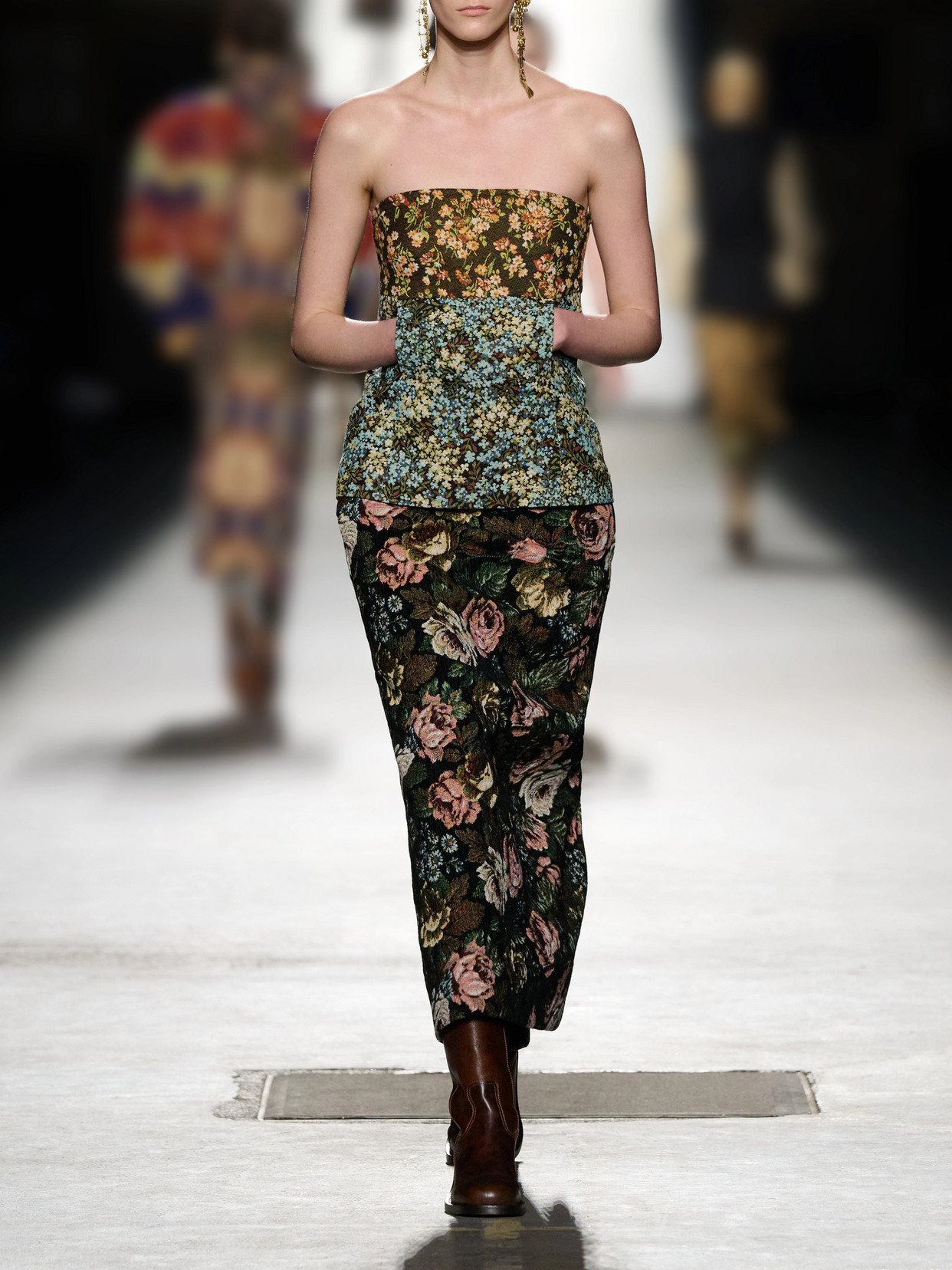 Strapless Floral-Jacquard Blouse